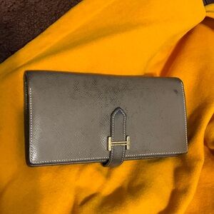 Hermes Gray Leather Wallet with Gold H Hinge